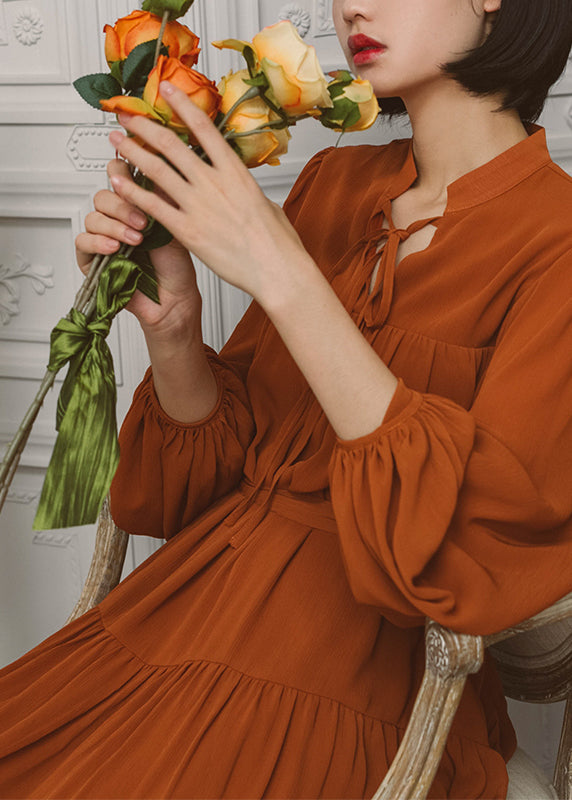 Slit Tie Front Long Sleeve V Neck Dress Caramel