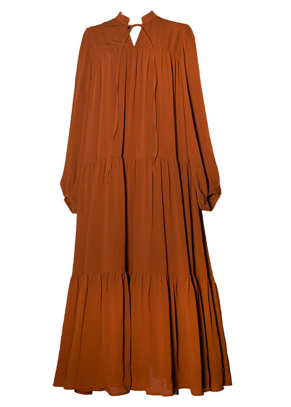 Slit Tie Front Long Sleeve V Neck Dress Caramel