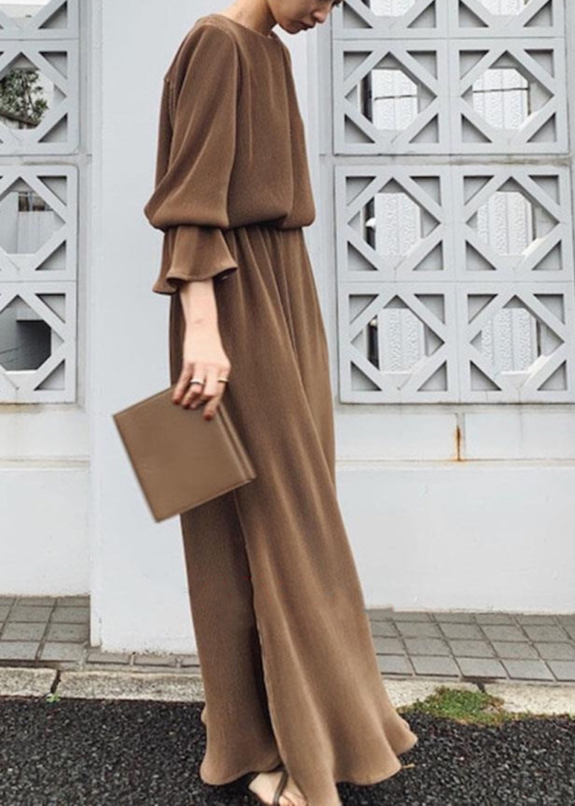 Split Long Sleeve Round Neck Maxi Dress Chocolate