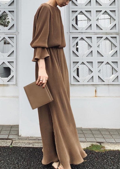 Split Long Sleeve Round Neck Maxi Dress Chocolate