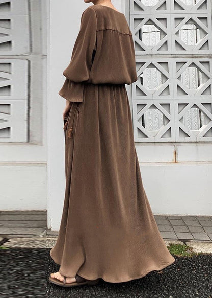 Split Long Sleeve Round Neck Maxi Dress Chocolate