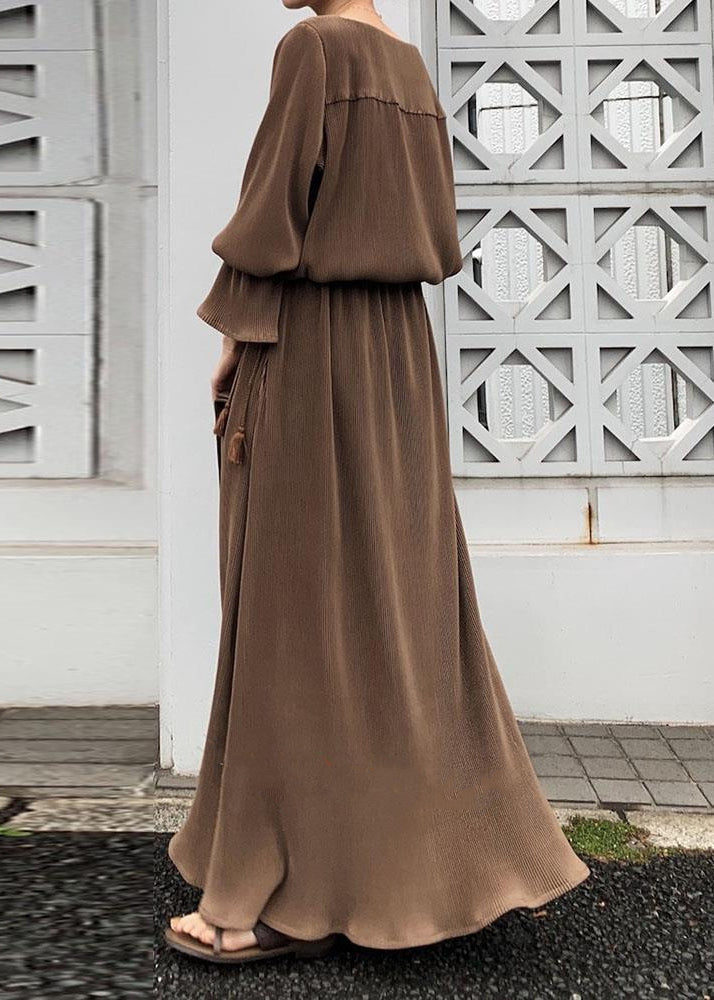 Split Long Sleeve Round Neck Maxi Dress Chocolate