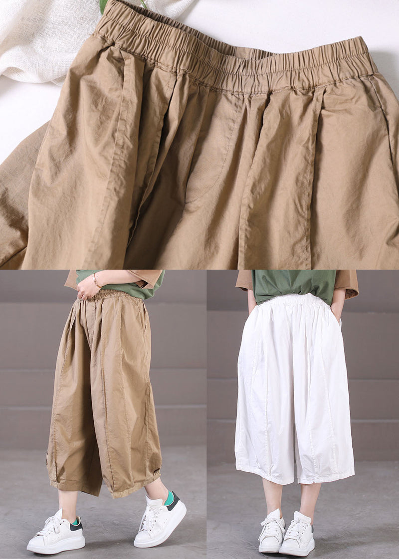 White Cotton Wide Leg Pants Elastic Waist Wrinkled Summer