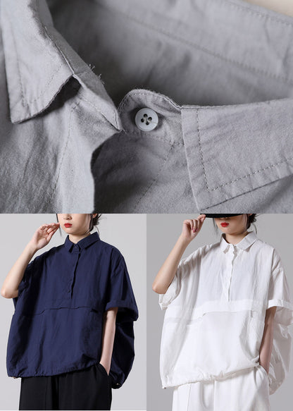 White Loose Cotton Blouse Tops Peter Pan Collar Button Short Sleeve