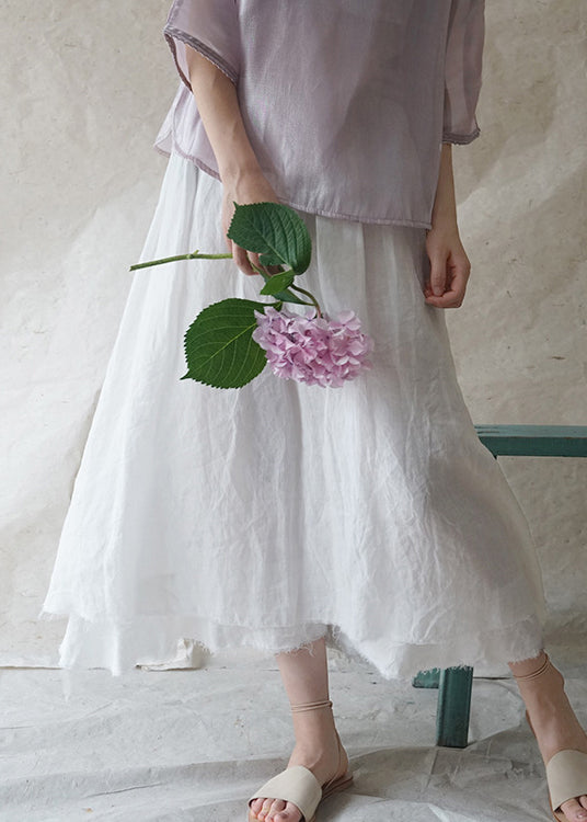 White Elastic Waist Drawstring Double-deck Linen Skirts Spring