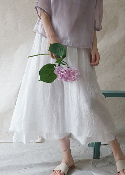 White Elastic Waist Drawstring Double-deck Linen Skirts Spring