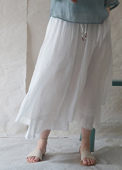 White Elastic Waist Drawstring Double-deck Linen Skirts Spring