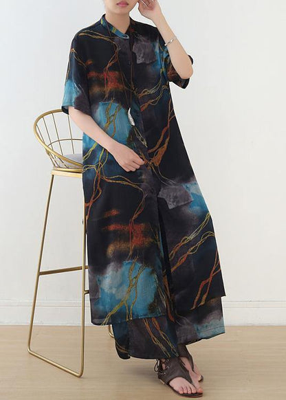Spring and Summer Blue Print Shirt Top Loose Wide Leg Pants Two Piece Suit