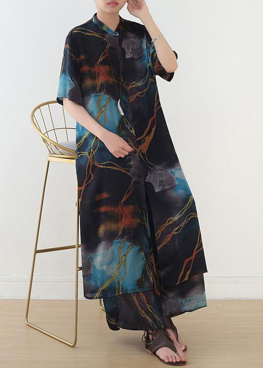 Spring and Summer Blue Print Shirt Top Loose Wide Leg Pants Two Piece Suit