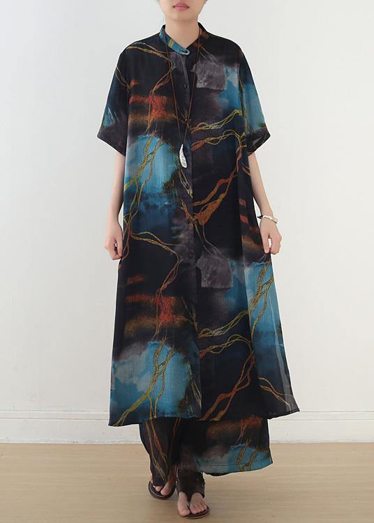 Spring and Summer Blue Print Shirt Top Loose Wide Leg Pants Two Piece Suit