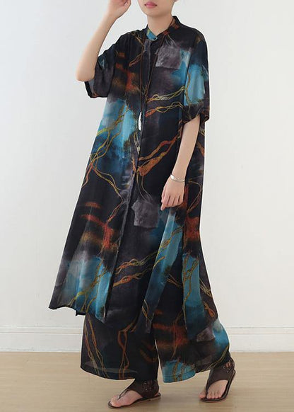 Spring and Summer Blue Print Shirt Top Loose Wide Leg Pants Two Piece Suit