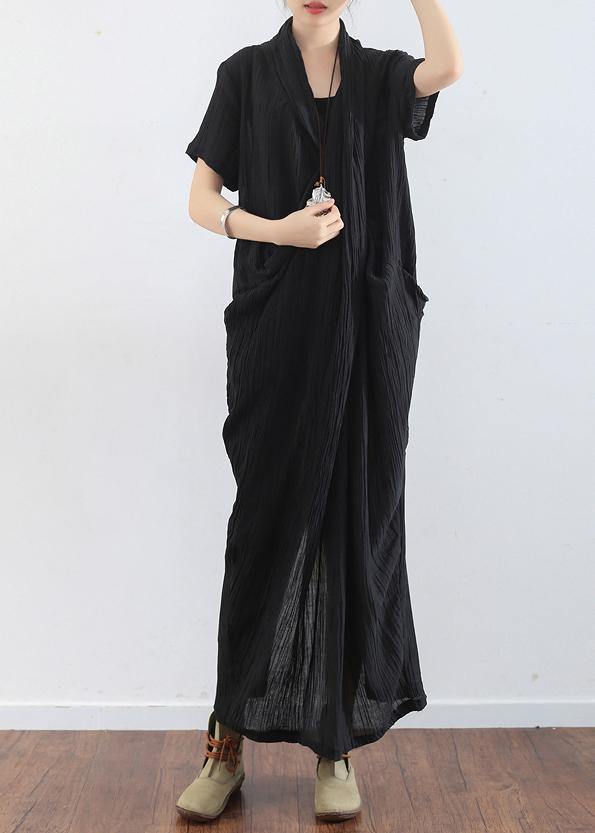 Spring and Summer New Black Linen V-neck Robe
