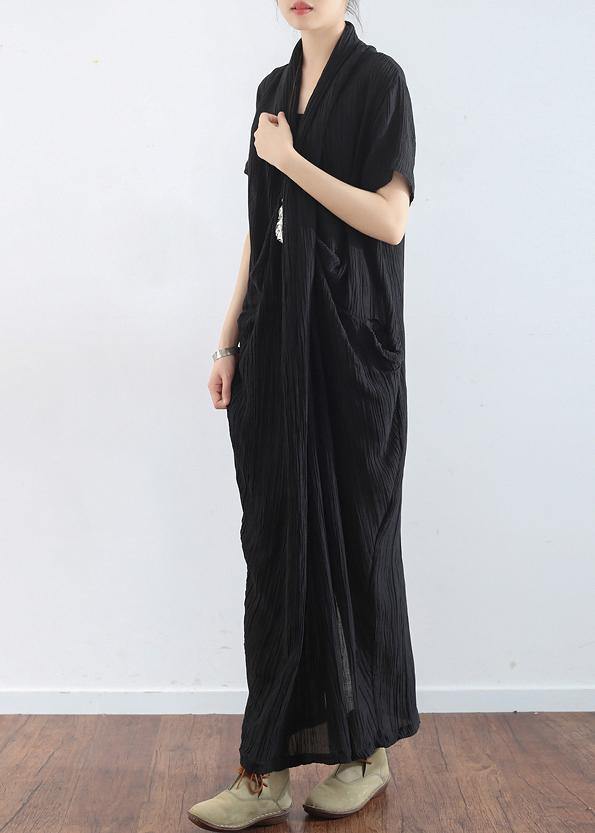 Spring and Summer New Black Linen V-neck Robe