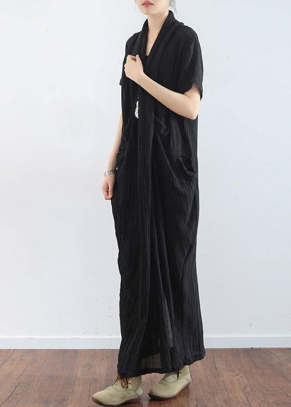 Spring and Summer New Black Linen V-neck Robe