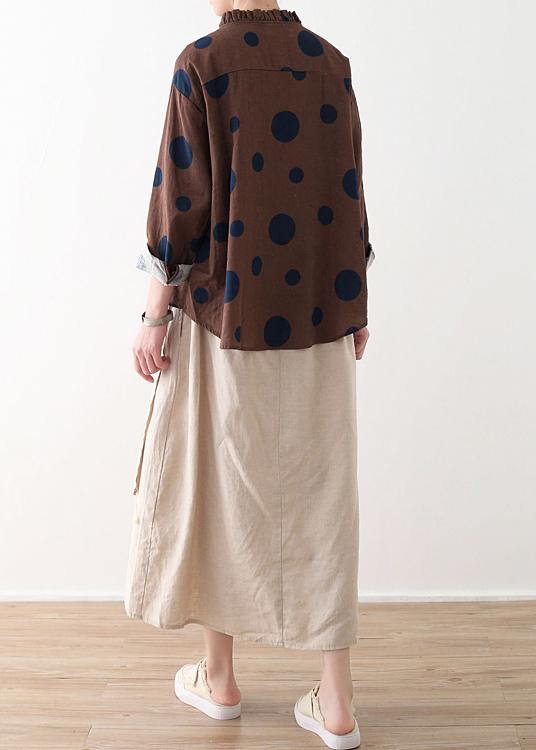 Spring Chocolate Dot Contrast Linen Blouse