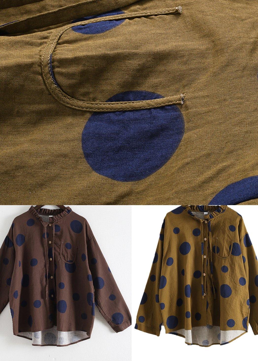 Spring Chocolate Dot Contrast Linen Blouse