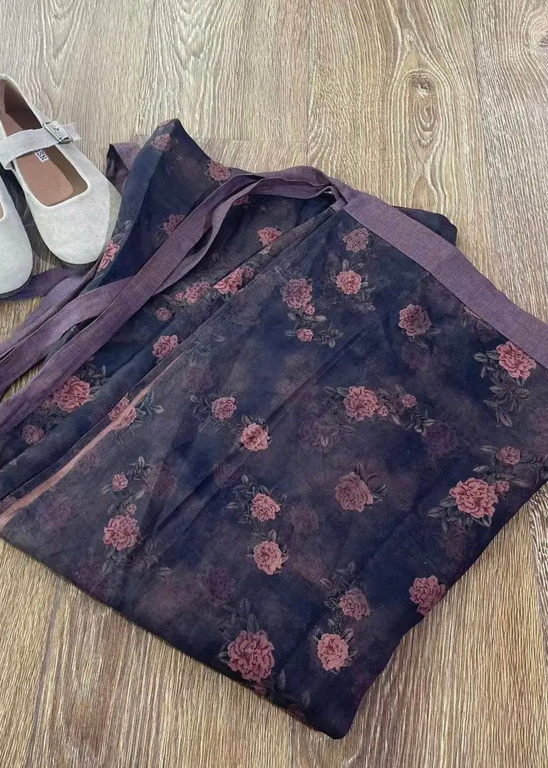 Spring Style Black Printed Linen One-piece Lace Up Skirt