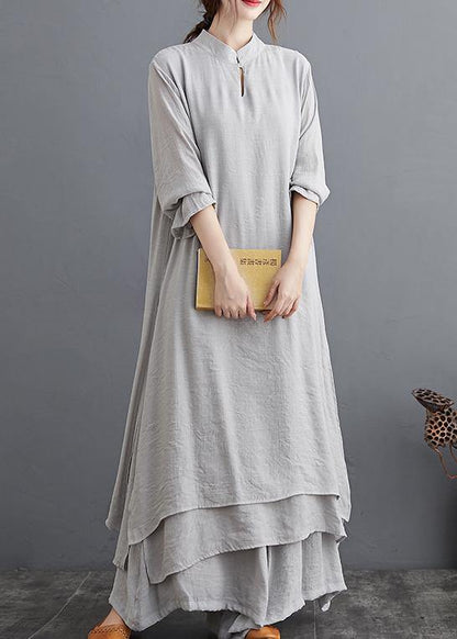 Spring Gray Medium Length Dress Wide Leg Pants Two Piece Set