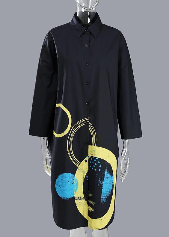 Spring Woman Black Shirt Circle Patterns Printed Dresses