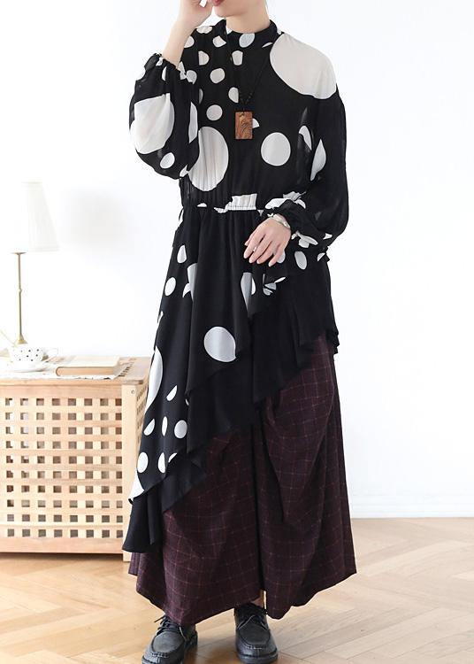 Spring Summer Black And White Dot Irregular Chiffon Women Top