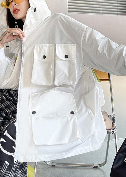 Spring Unique White Colorblock Pockets Zippered Hooded Cotton Jacket