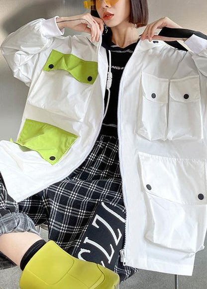 Spring Unique White Colorblock Pockets Zippered Hooded Cotton Jacket