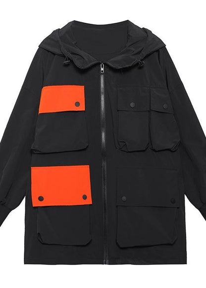 Spring Unique White Colorblock Pockets Zippered Hooded Cotton Jacket