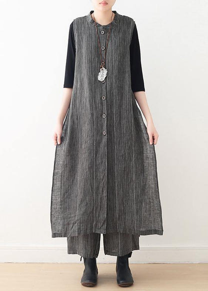 Spring Cotton and Linen Art Fresh Gray Striped Two-piece Suit Cardigan Wide Leg Pants