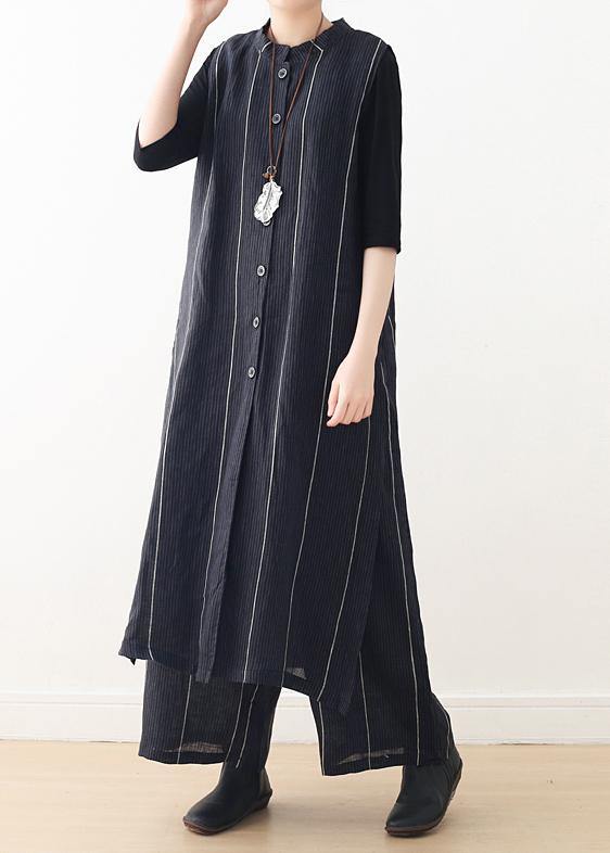 Spring Cotton and Linen Art Fresh Gray Striped Two-piece Suit Cardigan Wide Leg Pants