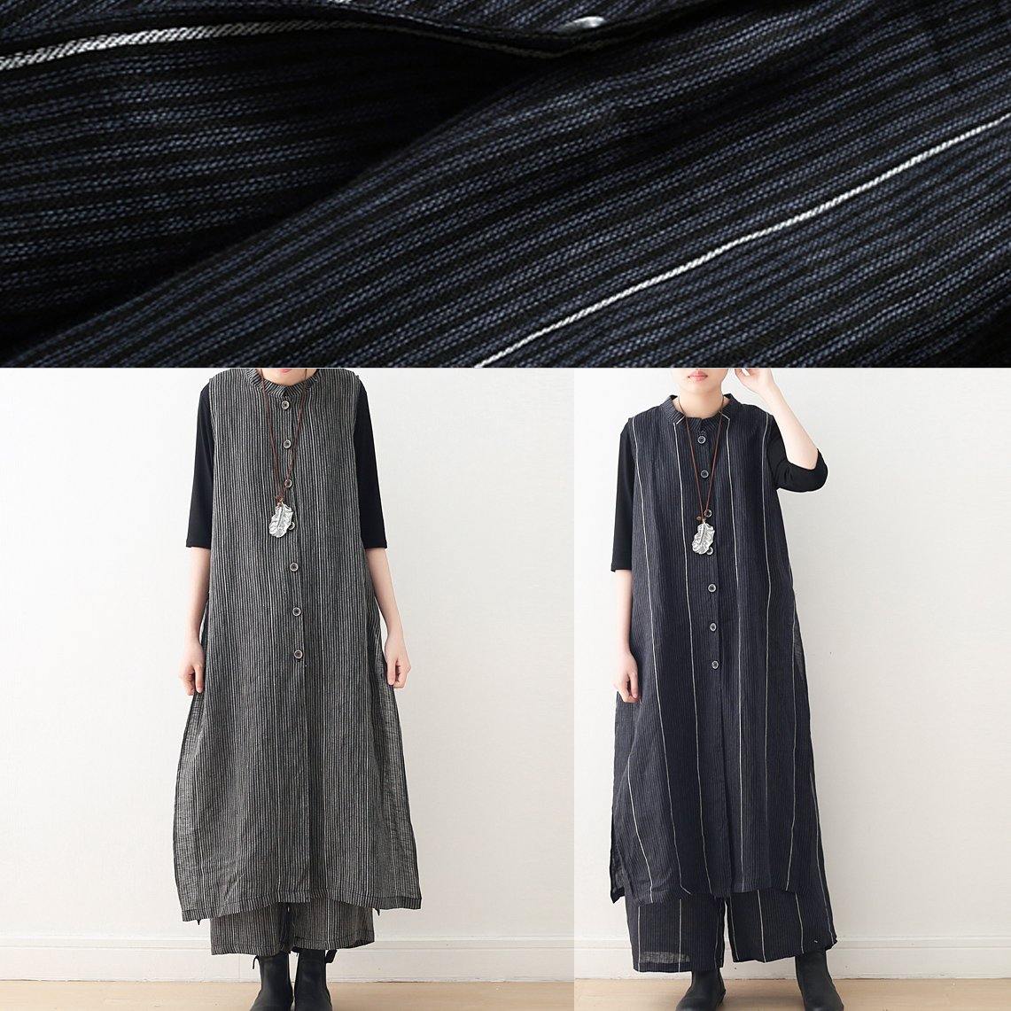 Spring Cotton and Linen Art Fresh Gray Striped Two-piece Suit Cardigan Wide Leg Pants