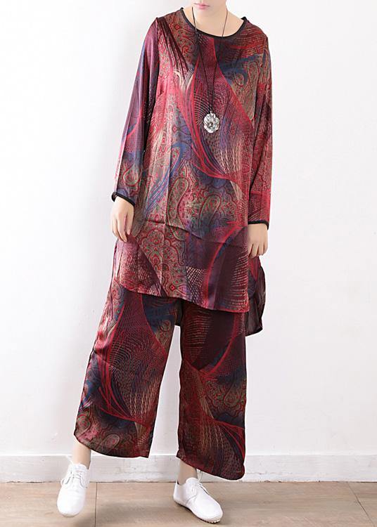 Spring Loose Silk Chiffon Wide-leg Pants Red Print Two-piece Suit