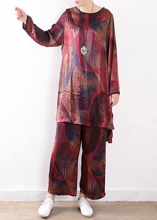 Spring Loose Silk Chiffon Wide-leg Pants Red Print Two-piece Suit