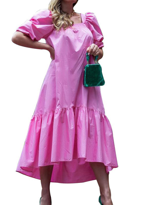 Square Neck Color Puff Sleeve Ruffles Hem Maxi Dress for Rose