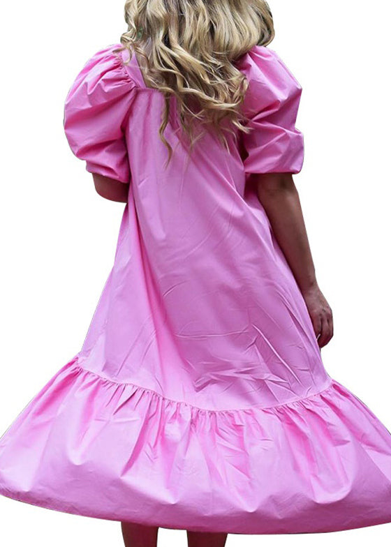 Square Neck Color Puff Sleeve Ruffles Hem Maxi Dress for Rose
