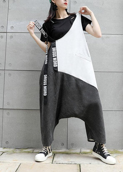 Strap Retro Black Gray Patchwork Overalls Pants Jeans