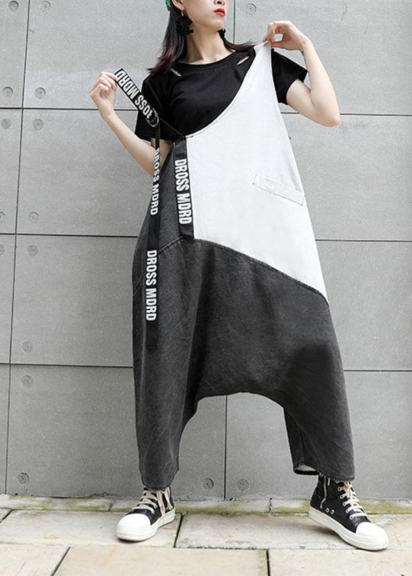 Strap Retro Black Gray Patchwork Overalls Pants Jeans