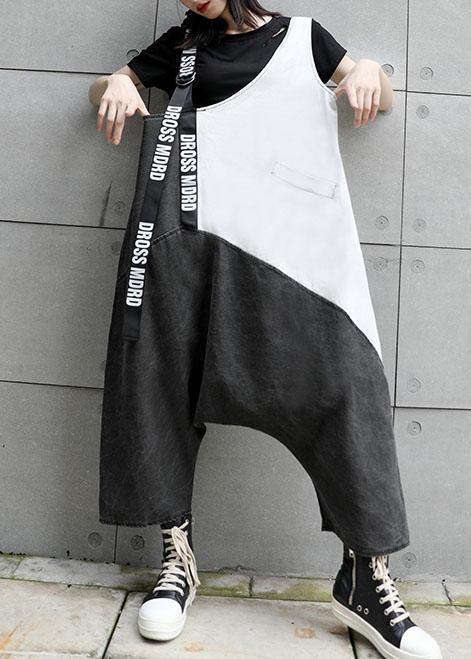 Strap Retro Black Gray Patchwork Overalls Pants Jeans