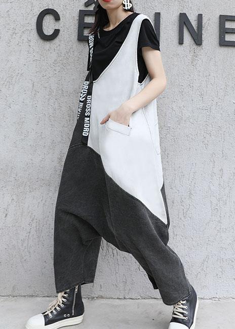 Strap Retro Black Gray Patchwork Overalls Pants Jeans