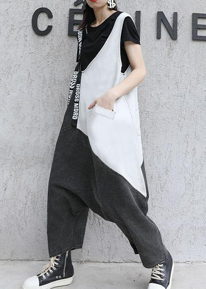 Strap Retro Black Gray Patchwork Overalls Pants Jeans