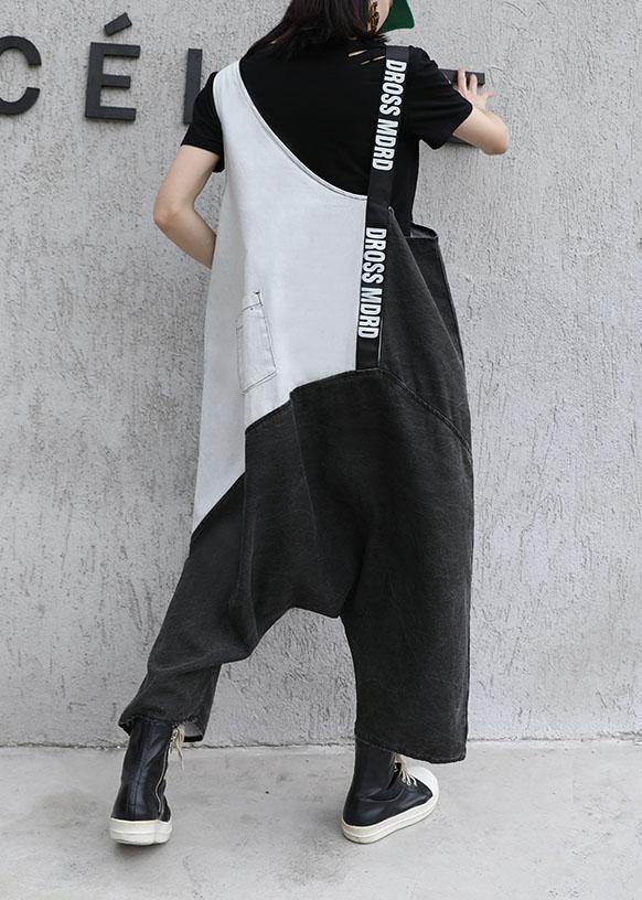 Strap Retro Black Gray Patchwork Overalls Pants Jeans