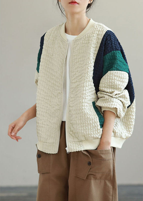 Street Beige Patchwork Zippered Fall Coat