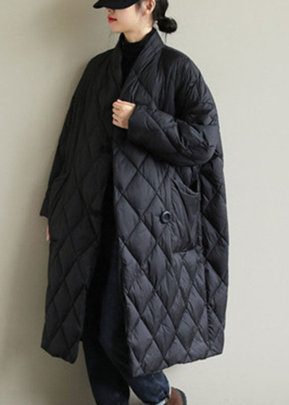 Street Black Stand Collar Button Pockets Winter Down Coat Long Sleeve