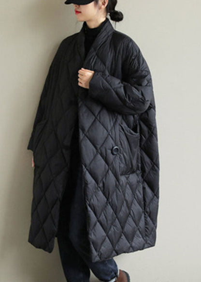 Street Black Stand Collar Button Pockets Winter Down Coat Long Sleeve