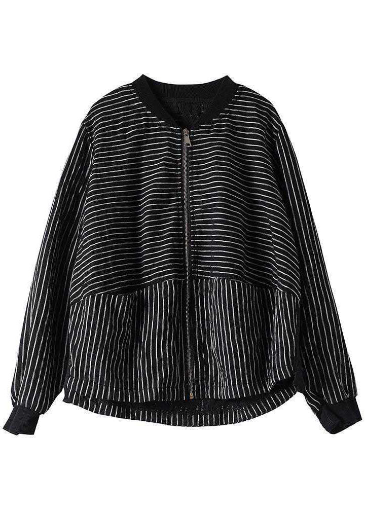 Street Black Striped Zippered Pockets Fall Jacket Long Sleeve