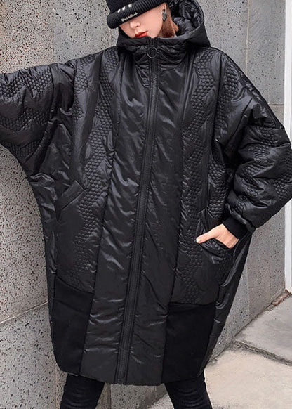 Street Black Hooded Zippered Pockets Winter Coats