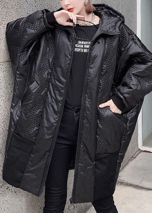 Street Black Hooded Zippered Pockets Winter Coats