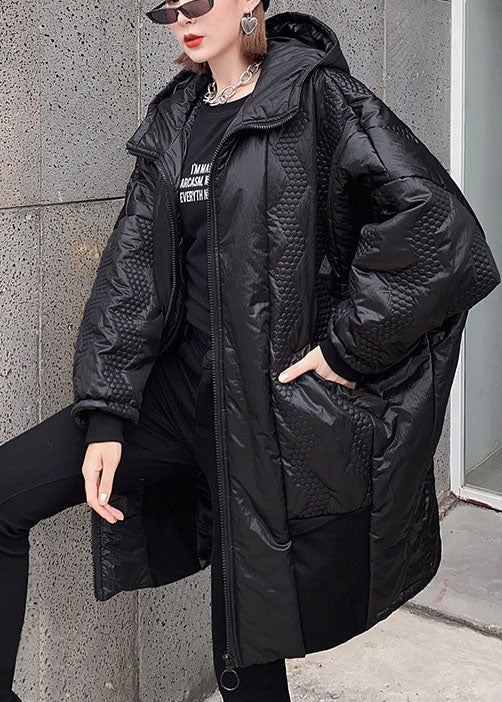 Street Black Hooded Zippered Pockets Winter Coats