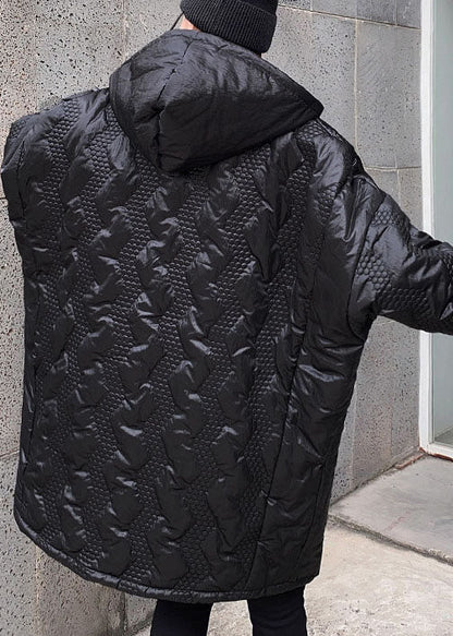 Street Black Hooded Zippered Pockets Winter Coats