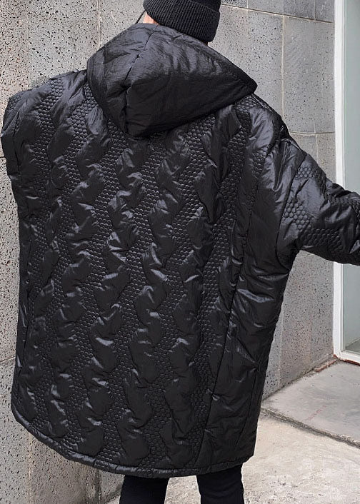 Street Black Hooded Zippered Pockets Winter Coats