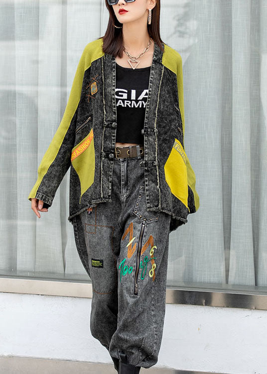 Street Denim Bat Wing Sleeve Patchwork Knit Button Fall Coat